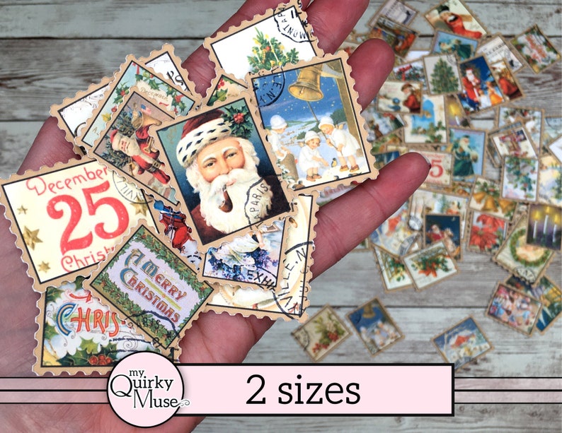 May include: A collection of vintage Christmas stamps in two sizes, featuring images of Santa Claus, a bell, a Christmas tree, and the words "Merry Christmas".