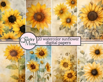 May include: 20 digital papers featuring watercolor sunflowers in shades of yellow and brown on a textured background. The text "my Quirky Muse" and "20 watercolor sunflower digital papers" is included in the image.