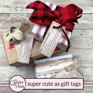 May include: Three gift-wrapped boxes with vintage-style gift tags. The tags have text that reads "Christmas tree", "Merry Christmas", and "Silent Night".