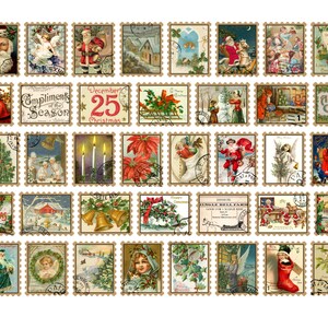 May include: A collection of 36 vintage Christmas stamps featuring various holiday scenes, including Santa Claus, angels, snowmen, and Christmas trees. The stamps are printed on a white background with brown borders and have a vintage aesthetic.
