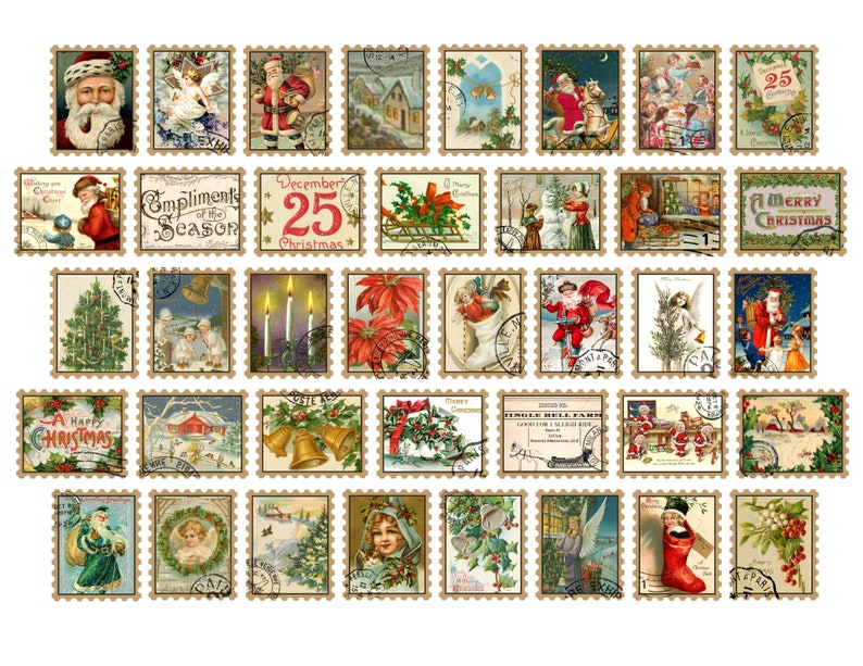 May include: A collection of 36 vintage Christmas stamps featuring various holiday scenes, including Santa Claus, angels, snowmen, and Christmas trees. The stamps are printed on a white background with brown borders and have a vintage aesthetic.