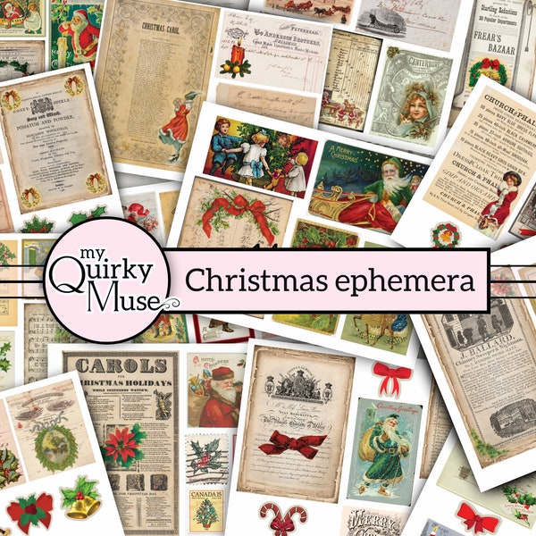 Christmas Ephemera Printable Pack, Junk Journal, Fussy Cuts, Merry Yuletide, Vintage Receipts, Old Advertising, Collage Paper, Tear Pages