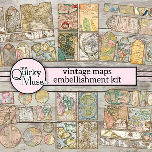 Vintage Maps Embellishment Kit für deine Junk Journals, Pocket Bicks, Ephemera Pack, Journaling Tags, Faux Briefmarken, Digi Note Card