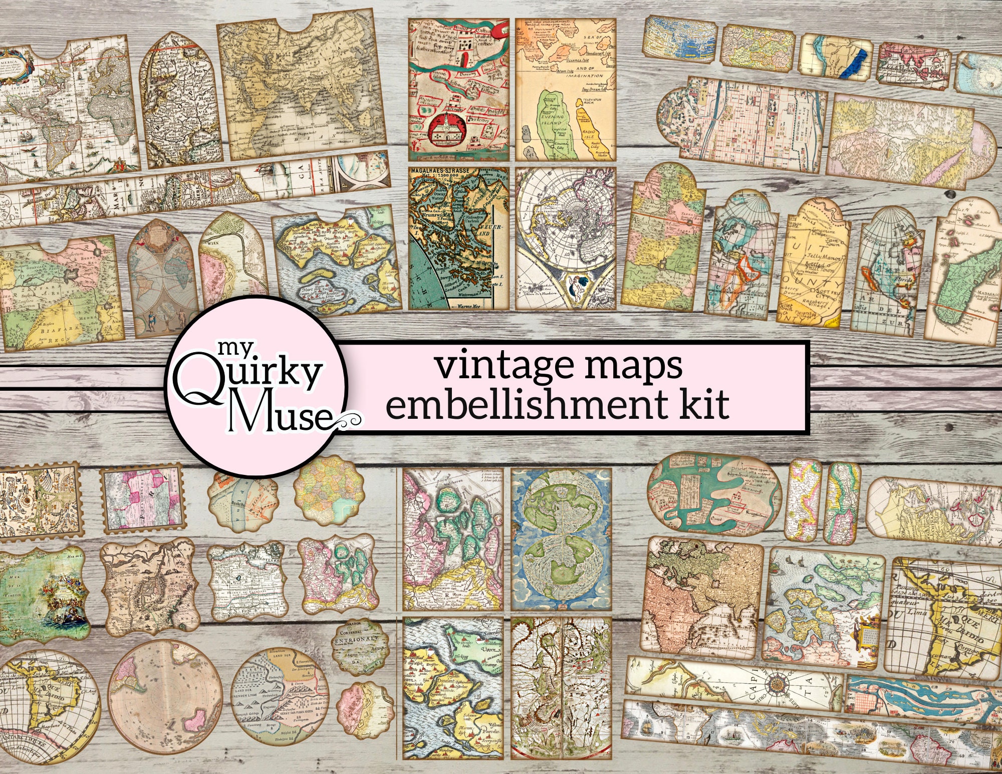 Vintage Maps Ephemera Kit: Junk Journal Embellishments (Digital Download)