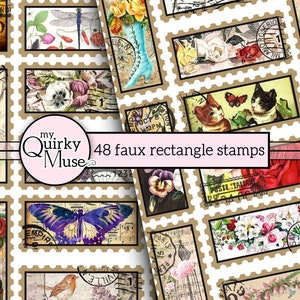 48 sellos postales falsos rectangulares para su diario basura, etiquetas de tablero maestro, hoja de pegatinas, Cricut Ready, paquete Ephemera, matasellos vintage