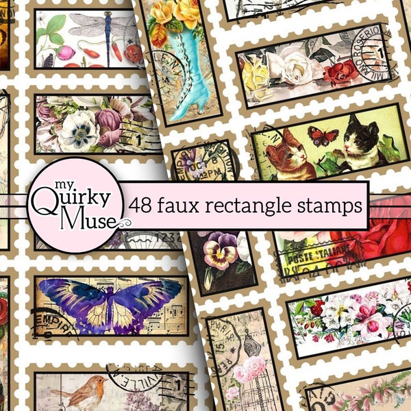 48 Rectangle Faux Postage Stamps for your Junk Journal, Master Board Tags, Sticker Sheet, Cricut Ready, Ephemera Pack, Vintage Postmarks