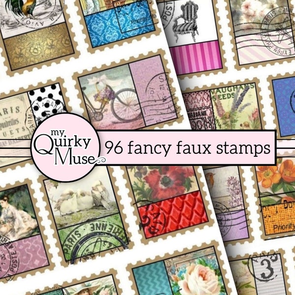 Fancy Faux Postage Stamps for your Junk Journal, Scrapbook Collage, Master Board Tags, Sticker Sheet, Vintage Postmarks, Cricut Ready