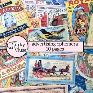 Bunte Werbe-Ephemera für Ihr Junk-Journal, Scrapbook-Seiten, Ephemera-Paket, Vintage-Anzeigen, Collage-Papiere, alte Anzeigen, Cricut Ready