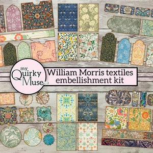 Kit de adornos de William Morris para su diario basura, pliegues de bolsillo, paquete de efímeras, etiquetas de diario, sellos postales falsos, arte textil