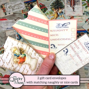 May include: Two printable gift card envelopes with matching naughty or nice cards. The cards have a vintage Christmas theme with a check box for naughty, nice, or undecided. The envelopes have a striped pattern in pink, green, and white.