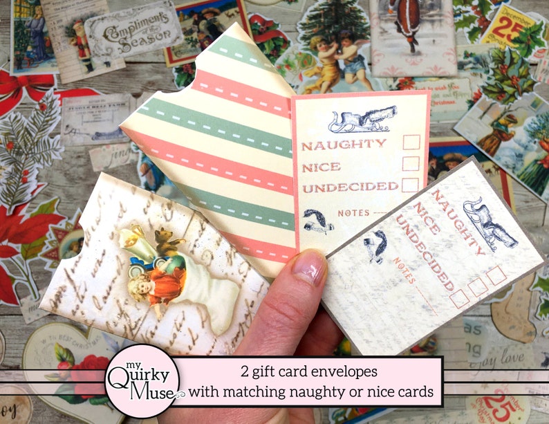 May include: Two printable gift card envelopes with matching naughty or nice cards. The cards have a vintage Christmas theme with a check box for naughty, nice, or undecided. The envelopes have a striped pattern in pink, green, and white.