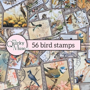 Vogel Faux Briefmarken perfekt für Ihr Junk Journal, Journaling Tags, Ephemera Clusters, Sticker Sheet, Birdie Birdie, Cricut Ready