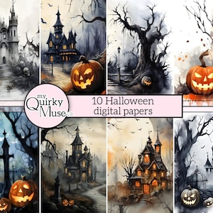 Halloween Digital Paper: Spooky Bats, Pumpkins, Haunted Houses (8.5x11, Commercial Use) (Digital Download)