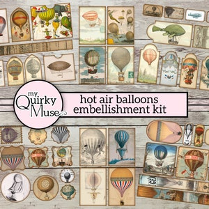Heißluftballon Verschönerungs-Kit für Ihre Junk Journals, Pocket Tucks, Ephemera Pack, Journaling Tags, Faux Briefmarken, Reisebuch