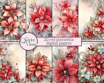 Watercolor Red Poinsettias Digital Paper for your Holiday Projects, Junk Journals, Festive Backgrounds, Mixed Media, Commercial Use