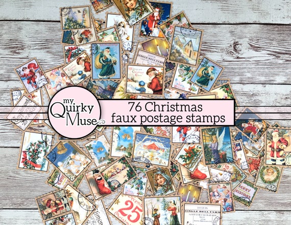 76 Vintage Christmas Card Faux Postage Stamps, Xmas Ephemera, Letter to Santa, Junk Journal, Holiday Postage, Sticker Sheet, Cricut Ready