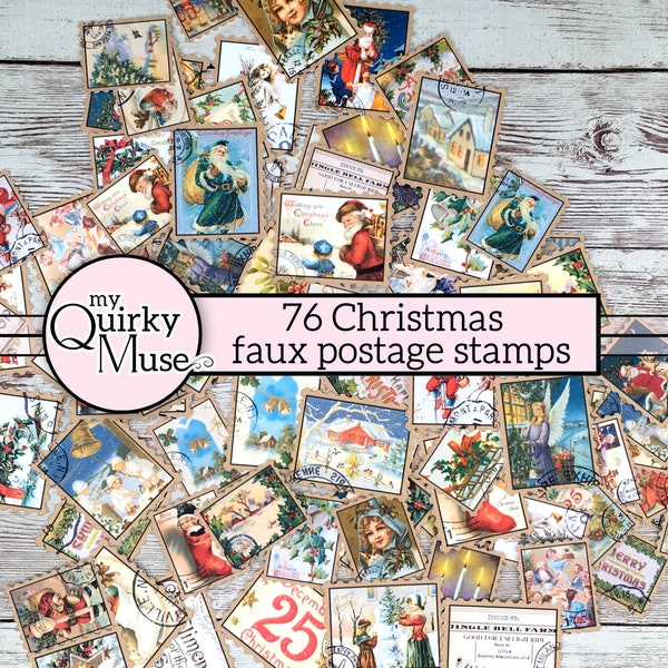 76 Vintage Christmas Card Faux Postage Stamps, Xmas Ephemera, Letter to Santa, Junk Journal, Holiday Postage, Sticker Sheet, Cricut Ready