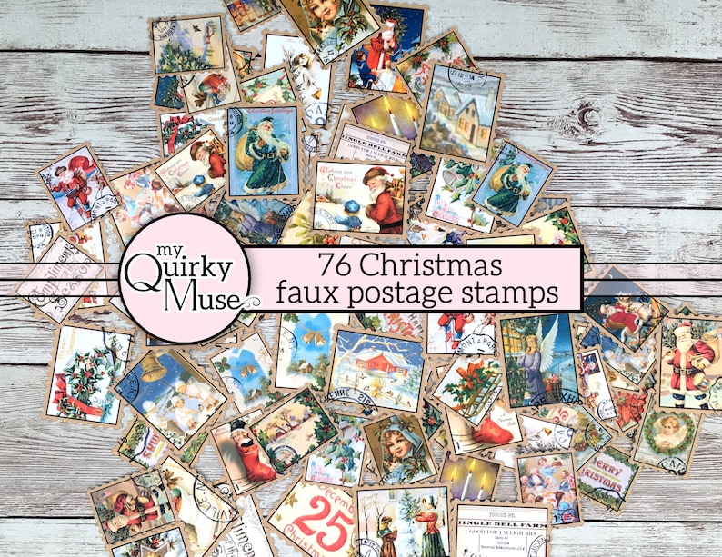May include: A collection of 76 vintage-style Christmas faux postage stamps featuring images of Santa Claus, angels, snowmen, and other holiday scenes. The stamps are printed on brown paper with a distressed look and have a variety of designs.
