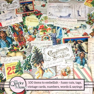 May include: A collection of vintage Christmas cards, tags, and paper ephemera with images of angels, Santa Claus, and winter scenes. The cards feature festive colors like red, green, and gold, and include phrases like "Compliments of the Season" and "Jingle Bells".