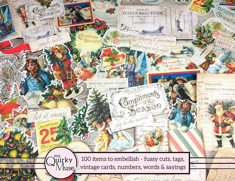 May include: A collection of vintage Christmas cards, tags, and paper ephemera with images of angels, Santa Claus, and winter scenes. The cards feature festive colors like red, green, and gold, and include phrases like "Compliments of the Season" and "Jingle Bells".