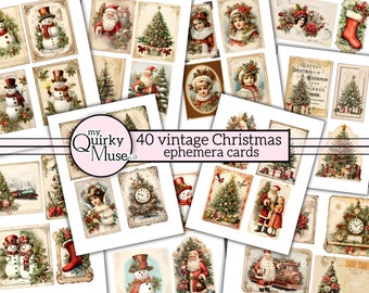 May include: A collage of 40 vintage Christmas ephemera cards featuring images of snowmen, Santa Claus, Christmas trees, children, and holiday scenes. The cards are perfect for scrapbooking, card making, and other craft projects.