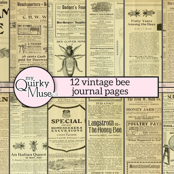 Vintage Bee Journal Pages for your Junk Journals, Ephemera Pack, Tear Paper, Book Signatures, Bee Hive Digitals, Gardening Printables