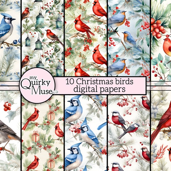 Christmas Birds Digital Paper for your Holiday Project, Junk Journals, Festive Backgrounds, Seamless Repeating 12 x 12, Commercial Use