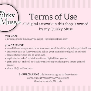 Pu&ograve; includere: Termini di utilizzo per le opere d'arte digitali in questo negozio, di propriet&agrave; di my Quirky Muse. Puoi stampare quante volte vuoi per uso personale. Non puoi rivendere, creare fustelle, creare adesivi, replicare o condividere file con altri.