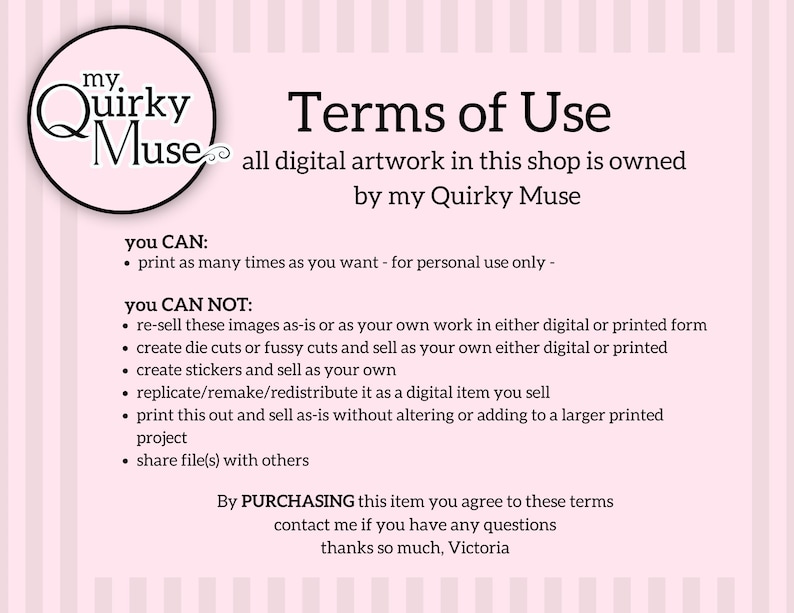 Pu&ograve; includere: Termini di utilizzo per le opere d'arte digitali in questo negozio, di propriet&agrave; di my Quirky Muse. Puoi stampare quante volte vuoi per uso personale. Non puoi rivendere, creare fustelle, creare adesivi, replicare o condividere file con altri.