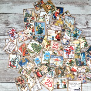 May include: A collection of vintage Christmas stamps featuring various holiday scenes, including Santa Claus, snowmen, and Christmas trees. The stamps are printed on brown paper with a distressed look and have a festive feel.
