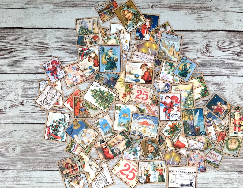 May include: A collection of vintage Christmas stamps featuring various holiday scenes, including Santa Claus, snowmen, and Christmas trees. The stamps are printed on brown paper with a distressed look and have a festive feel.