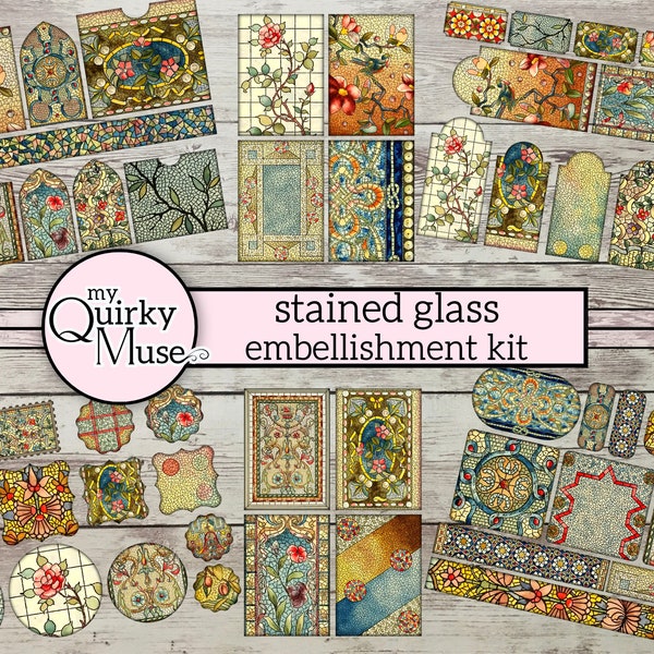 Stained Glass Embellishment Kit for your Junk Journals, Pocket Tucks, Ephemera Pack, Journaling Tags, Faux Postage Stamps, Paper Snippets