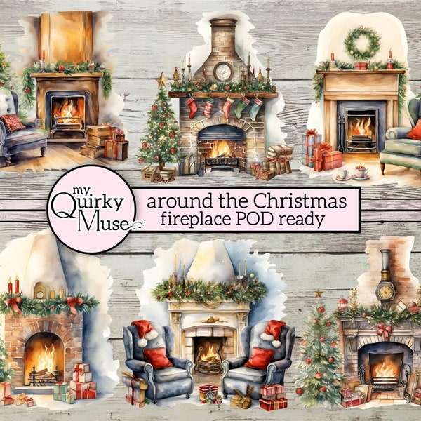 Around the Christmas Fireplace Clipart, Watercolor Style, Transparent Background, Print on Demand Designs, Digital Download, Commercial Use