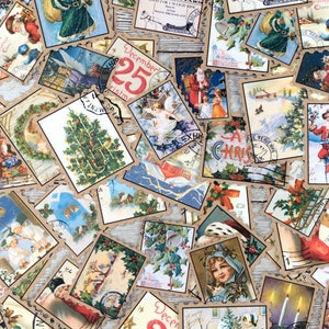May include: A collection of vintage Christmas stamps with various designs, including Santa Claus, a Christmas tree, a bell, and a winter scene. The stamps are printed on brown paper with a scalloped edge.