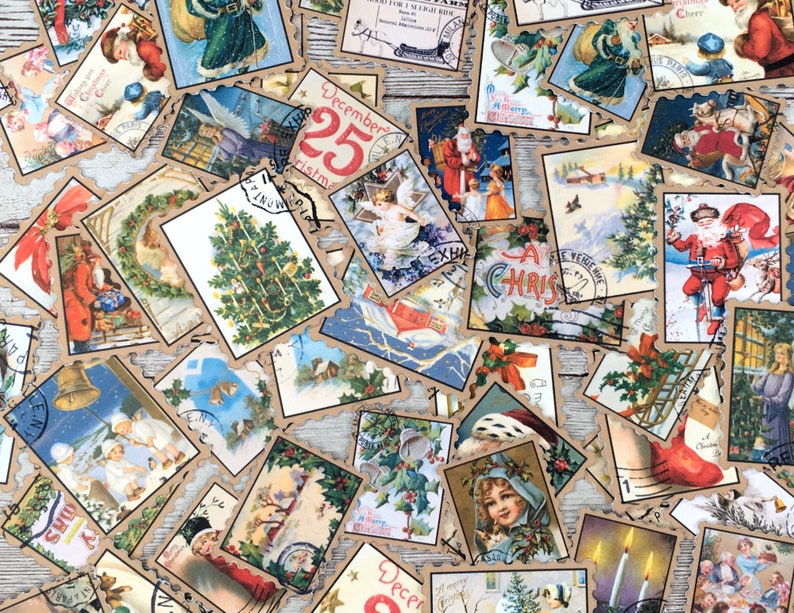May include: A collection of vintage Christmas stamps with various designs, including Santa Claus, a Christmas tree, a bell, and a winter scene. The stamps are printed on brown paper with a scalloped edge.