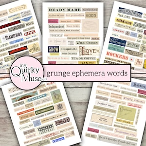 Grunge Ephemera Wörter für Ihr Junk Journal, Art Book Words, Collage Papiere, Vintage Printable, Alte Werbung, Verzierungen, Anweisungen
