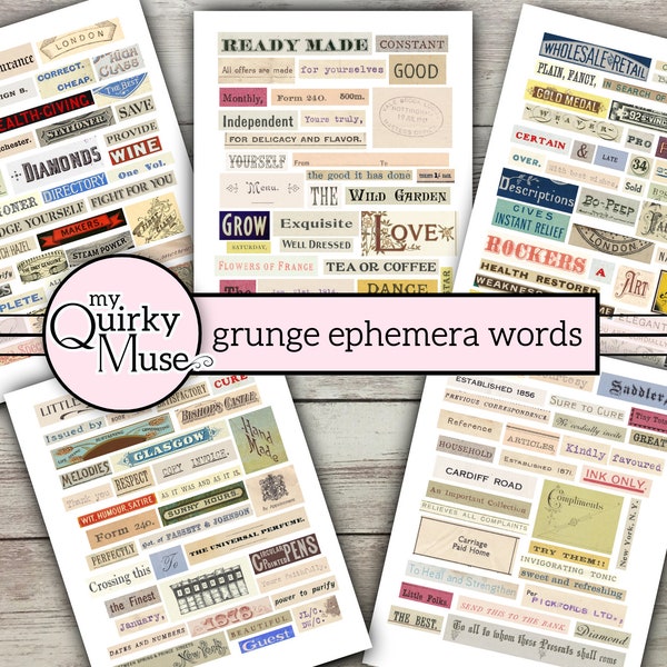 Grunge Ephemera Words for Your Junk Journal, Art Book Words, Collage Papers, Vintage Printable, Old Advertising, Embellishments, Prompts