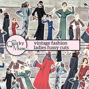 Vintage fashion dames kieskeurige coupes, junk Journal Tags, Digi Clothing, Digital Paper Dolls, afdrukbaar start-en landingsbaanmodel, kortstondige kit, stickerboek