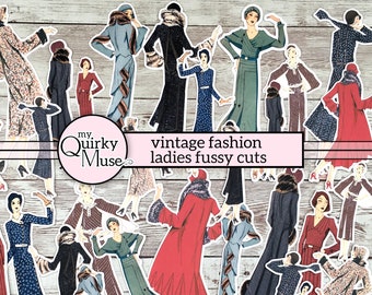 Vintage Fashion Ladies Fussy Cuts, Junk Journal Tags, Digi Clothing, Digital Paper Dolls, Printable Runway Model, Ephemera Kit, Sticker Book
