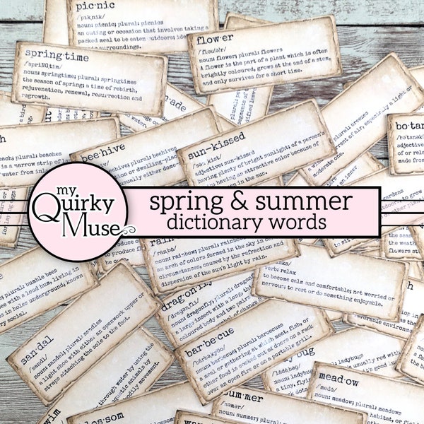Spring and Summer Dictionary Words, Junk Journal Collage, Grunge Labels, Cricut Ready, Printable Parchment, Distressed Paper, Sticker Sheet