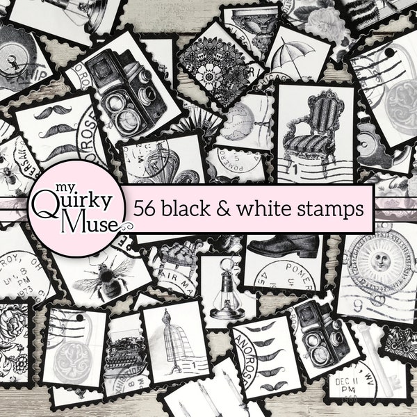 Ink Saver Black and White Faux Postage Stamps for your Junk Journal, Print with Black Ink, Vintage Postmark, Master Board Tags, Cricut Ready