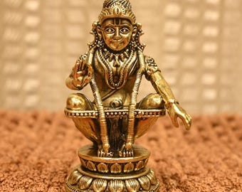 Handmade Brass Lord Ayyappa Statue - South Indian God (10 cm)
