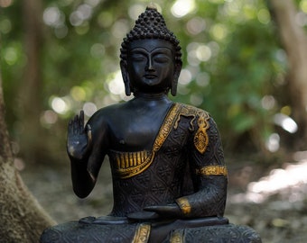 Bronze Blessing Buddha Statue: 17.5" Vintage Home Decor