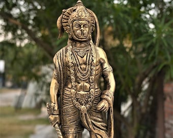Handmade Brass Hanuman Statue - Hindu Monkey God Home Decor (10 Inches)