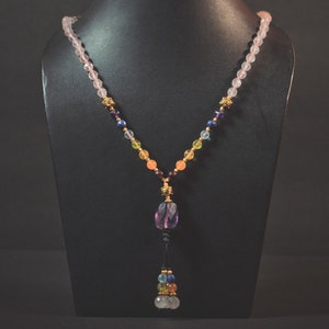 Rose Quartz 7 Chakra Japamala Necklace: Gemstone 108 Bead Mala