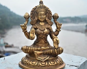 Handmade Brass Lakshmi Statue: Hindu Goddess of Wealth, Home Decor (20cm)