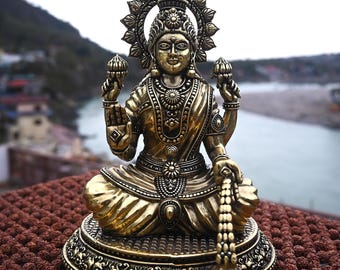 Handmade Brass Lakshmi Statue: Hindu Goddess of Wealth (20cm)