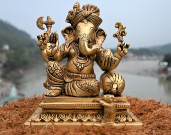 Ganesha brass statue   |  Ganesh with turban figurine  | Ganesha blessing sculpture | bronze figure