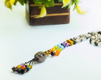 108 beads faceted Black rutile and 7 chakras necklace