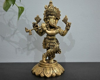 Handmade Brass Ganesha Statue: Dancing Ganesh with Flute, Home Decor (8 inches)
